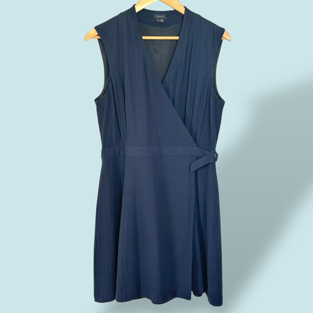 Theory Eldah Paramount Sleeveless Wrap Dress Navy Blue Career Office Size 12